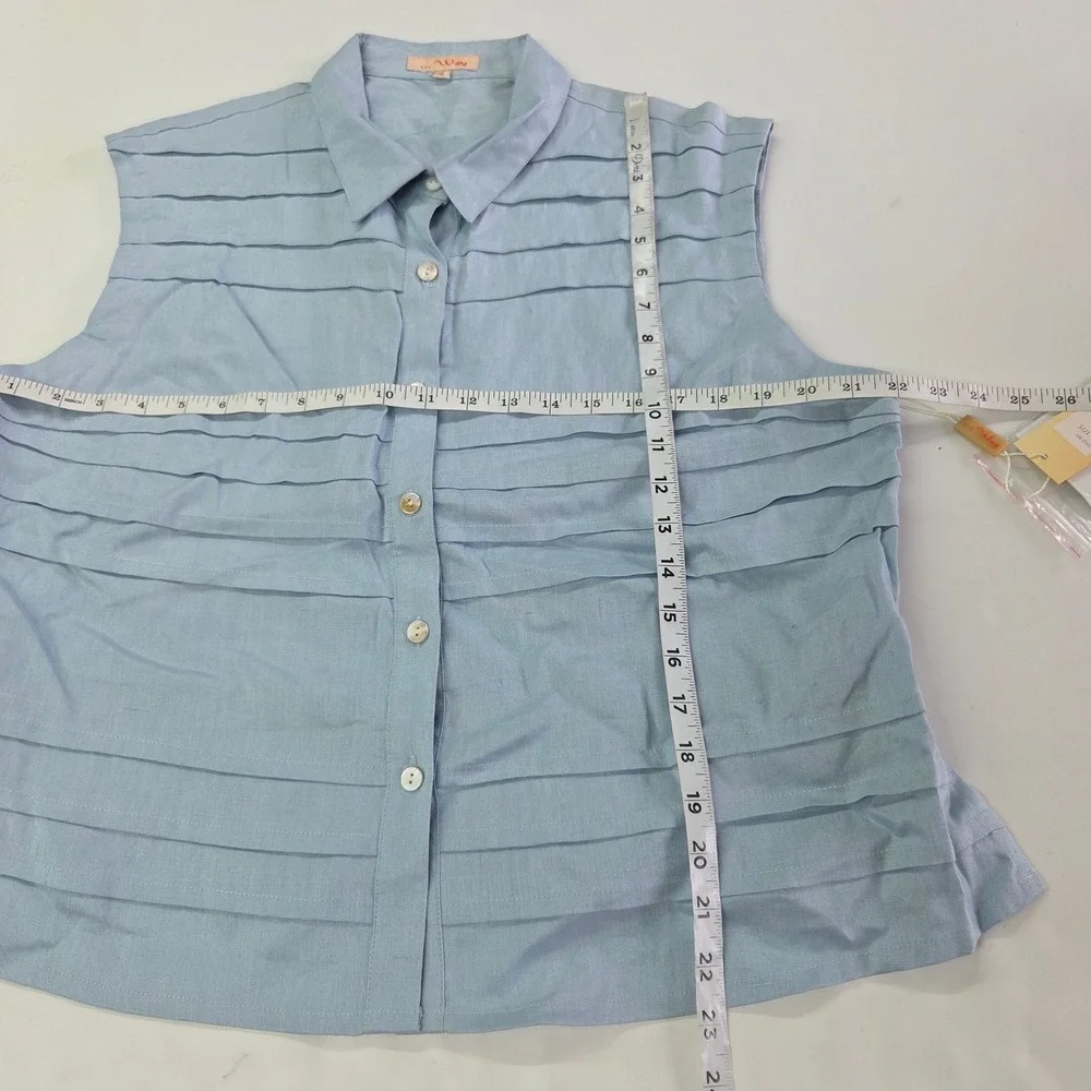 J Song Way Linen Skirt Set Women 18 Light Blue Pleated Sleeveless Button Top Vtg